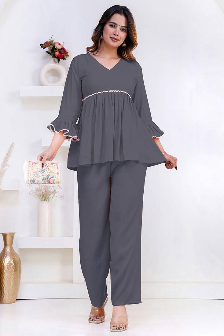 grey rayon stitched kurti set with lace design