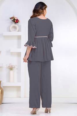 grey rayon stitched kurti set with lace design 2