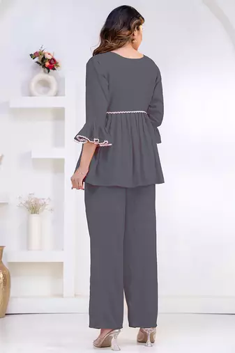 grey rayon stitched kurti set with lace design
