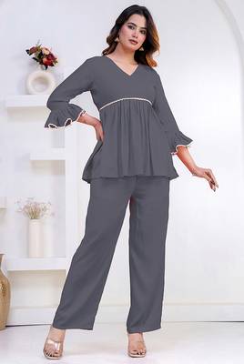 grey rayon stitched kurti set with lace design 3