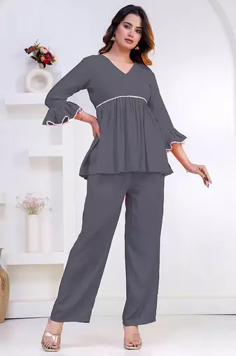 grey rayon stitched kurti set with lace design