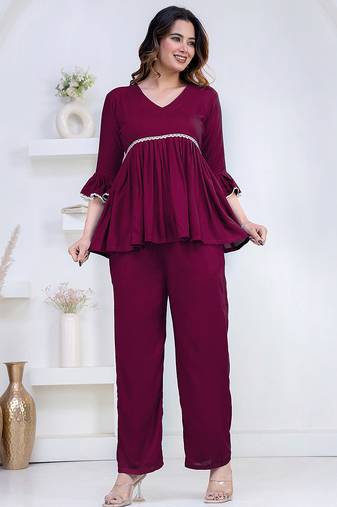 purple rayon kurti set with solid lace design