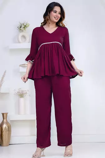 purple rayon kurti set with solid lace design