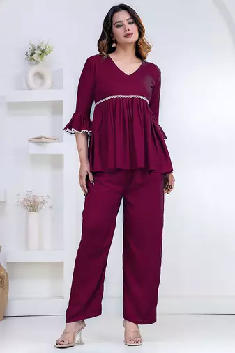 purple rayon kurti set with solid lace design