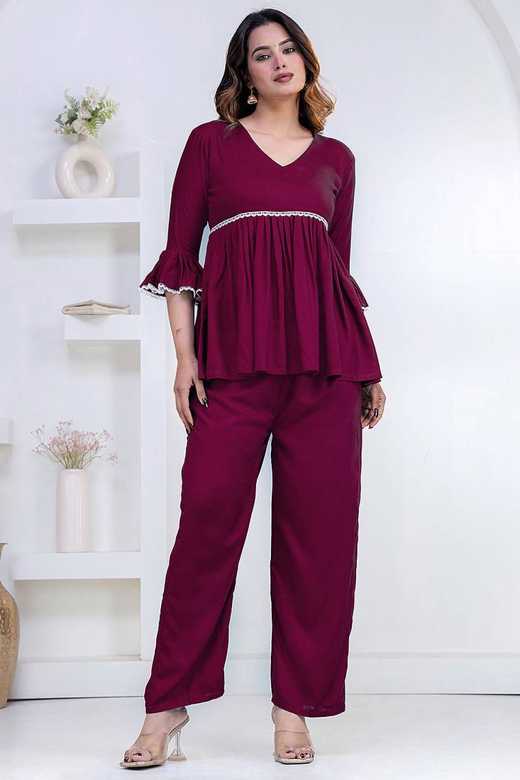 purple rayon kurti set with solid lace design
