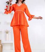 orange rayon stitched kurti set with lace design