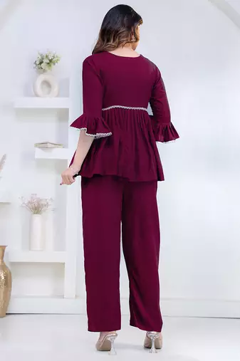 purple rayon kurti set with solid lace design