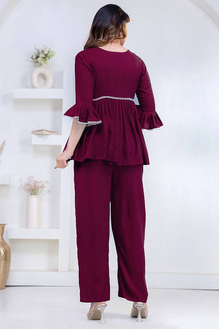 purple rayon kurti set with solid lace design