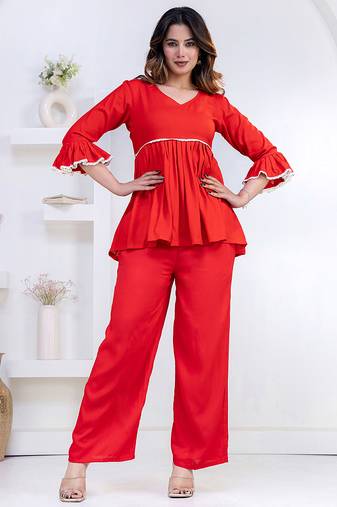 red rayon ethnic kurti set with plain lace work