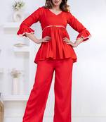 red rayon ethnic kurti set with plain lace work