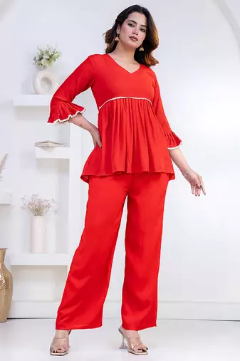 red rayon ethnic kurti set with plain lace work