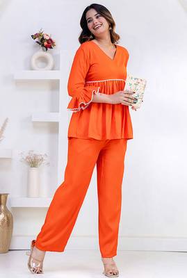 orange rayon stitched kurti set with lace design 2
