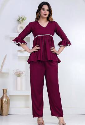 purple rayon kurti set with solid lace design 4