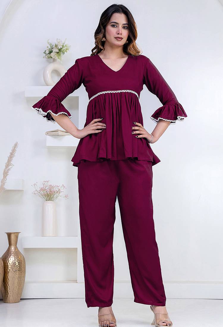 purple rayon kurti set with solid lace design