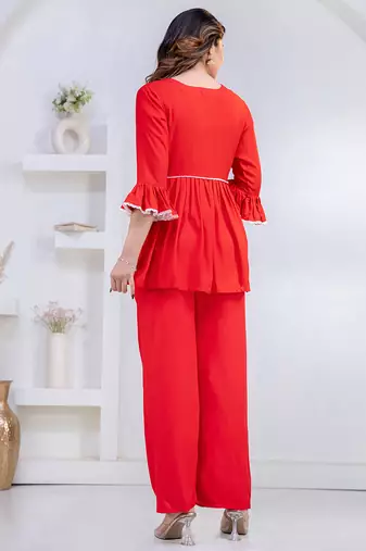 red rayon ethnic kurti set with plain lace work