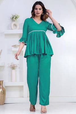 green rayon ethnic kurti set with plain design 1