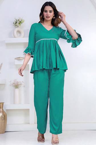 green rayon ethnic kurti set with plain design