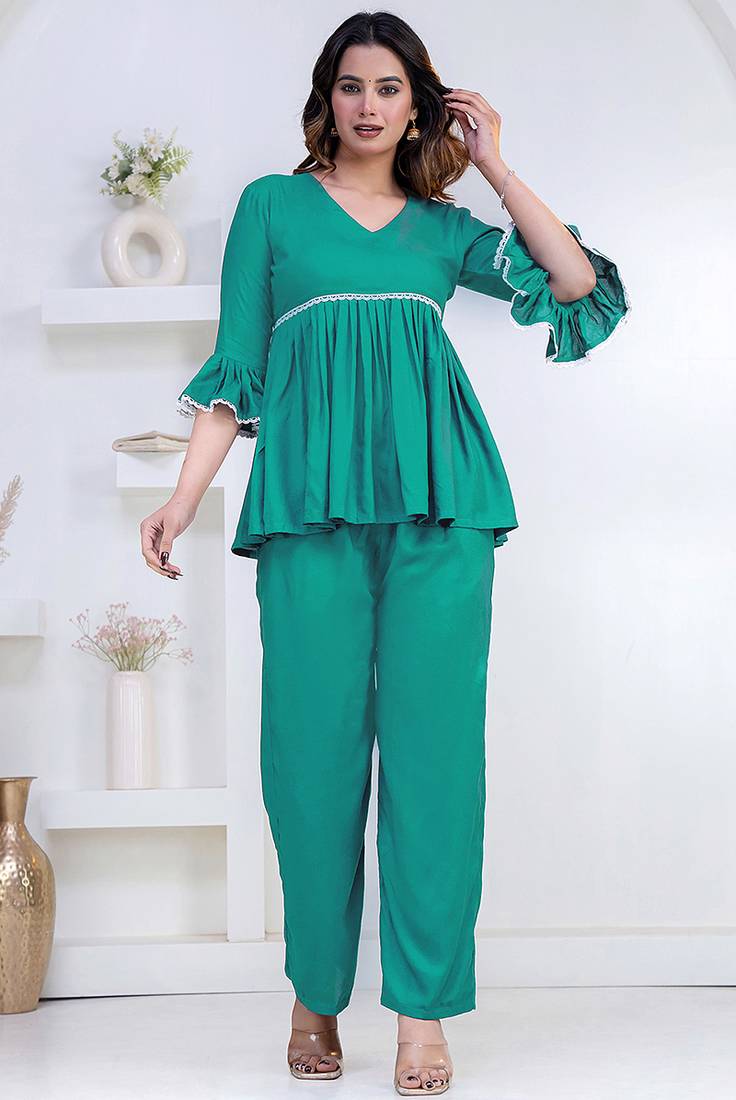 green rayon ethnic kurti set with plain design