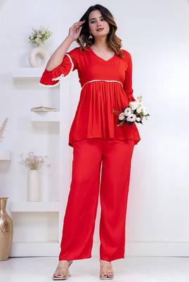 red rayon ethnic kurti set with plain lace work 4