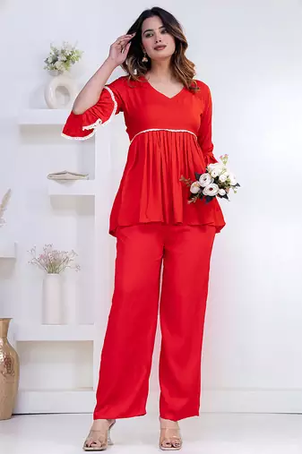 red rayon ethnic kurti set with plain lace work