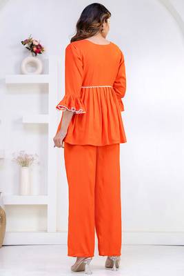 orange rayon stitched kurti set with lace design 3