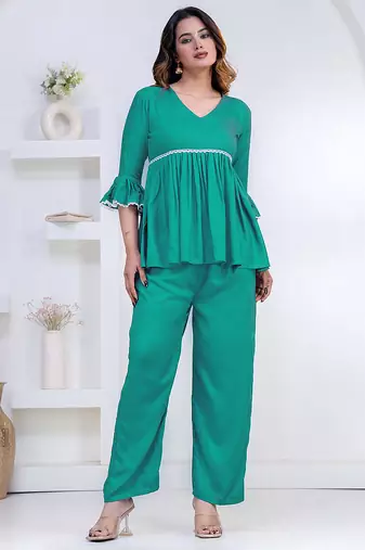 green rayon ethnic kurti set with plain design
