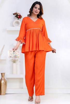 orange rayon stitched kurti set with lace design 4