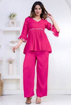 pink rayon v-neck lace flared co-ord set for women 1