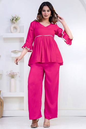 pink rayon v-neck lace flared co-ord set for women