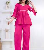 pink rayon v-neck lace flared co-ord set for women