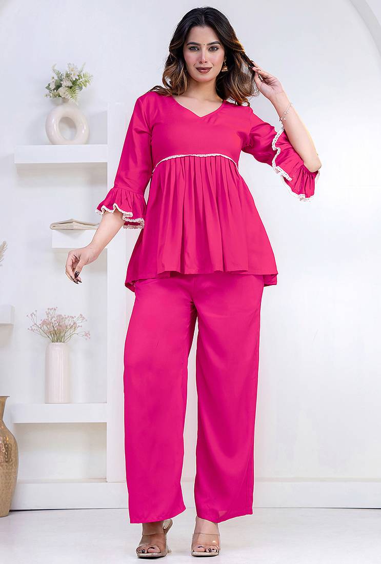 pink rayon v-neck lace flared co-ord set for women