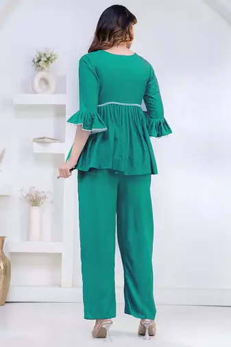 green rayon ethnic kurti set with plain design
