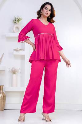 pink rayon v-neck lace flared co-ord set for women 2