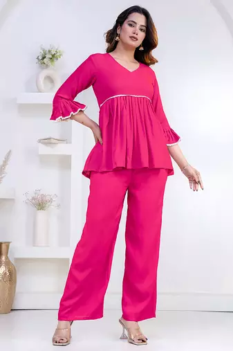 pink rayon v-neck lace flared co-ord set for women