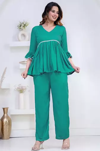 green rayon ethnic kurti set with plain design