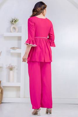 pink rayon v-neck lace flared co-ord set for women 3
