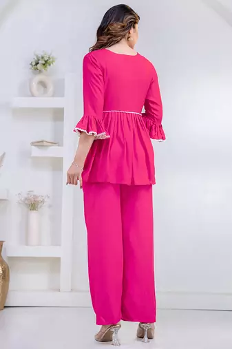 pink rayon v-neck lace flared co-ord set for women