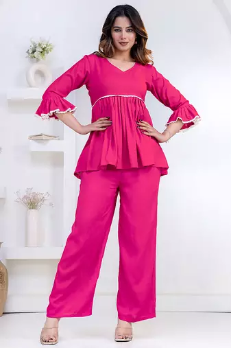 pink rayon v-neck lace flared co-ord set for women