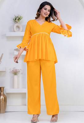 mustard rayon v-neck lace flared co-ord set for women 1