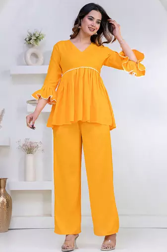 mustard rayon v-neck lace flared co-ord set for women