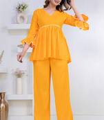 mustard rayon v-neck lace flared co-ord set for women