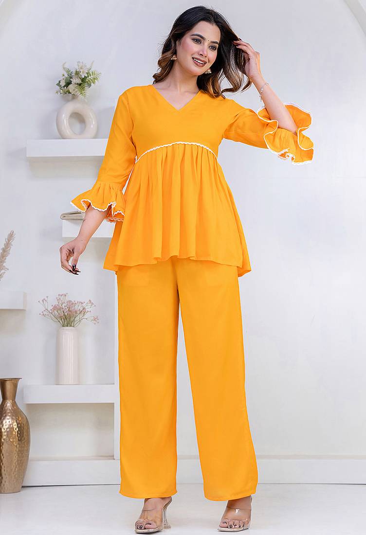 mustard rayon v-neck lace flared co-ord set for women