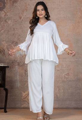 off white rayon stitched kurti set with lace 1