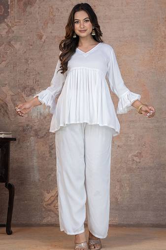 off white rayon stitched kurti set with lace