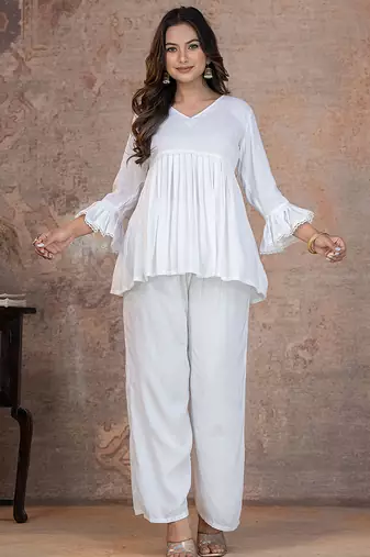 off white rayon stitched kurti set with lace