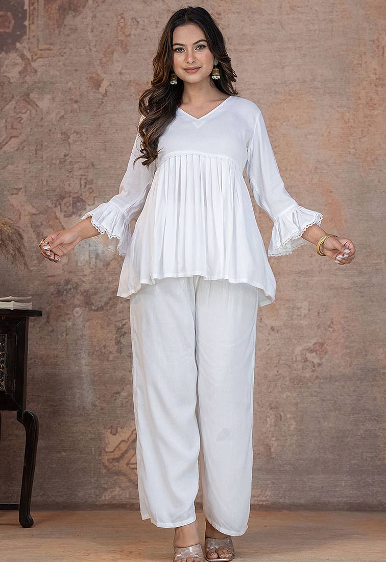 off white rayon stitched kurti set with lace