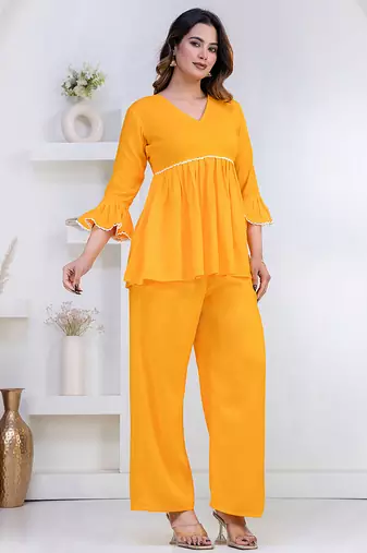 mustard rayon v-neck lace flared co-ord set for women