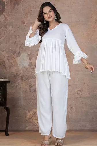 off white rayon stitched kurti set with lace