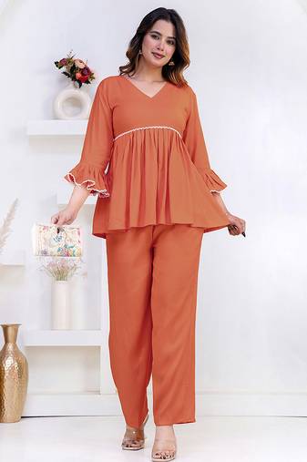 peach rayon v-neck lace flared co-ord set for women
