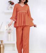 peach rayon v-neck lace flared co-ord set for women